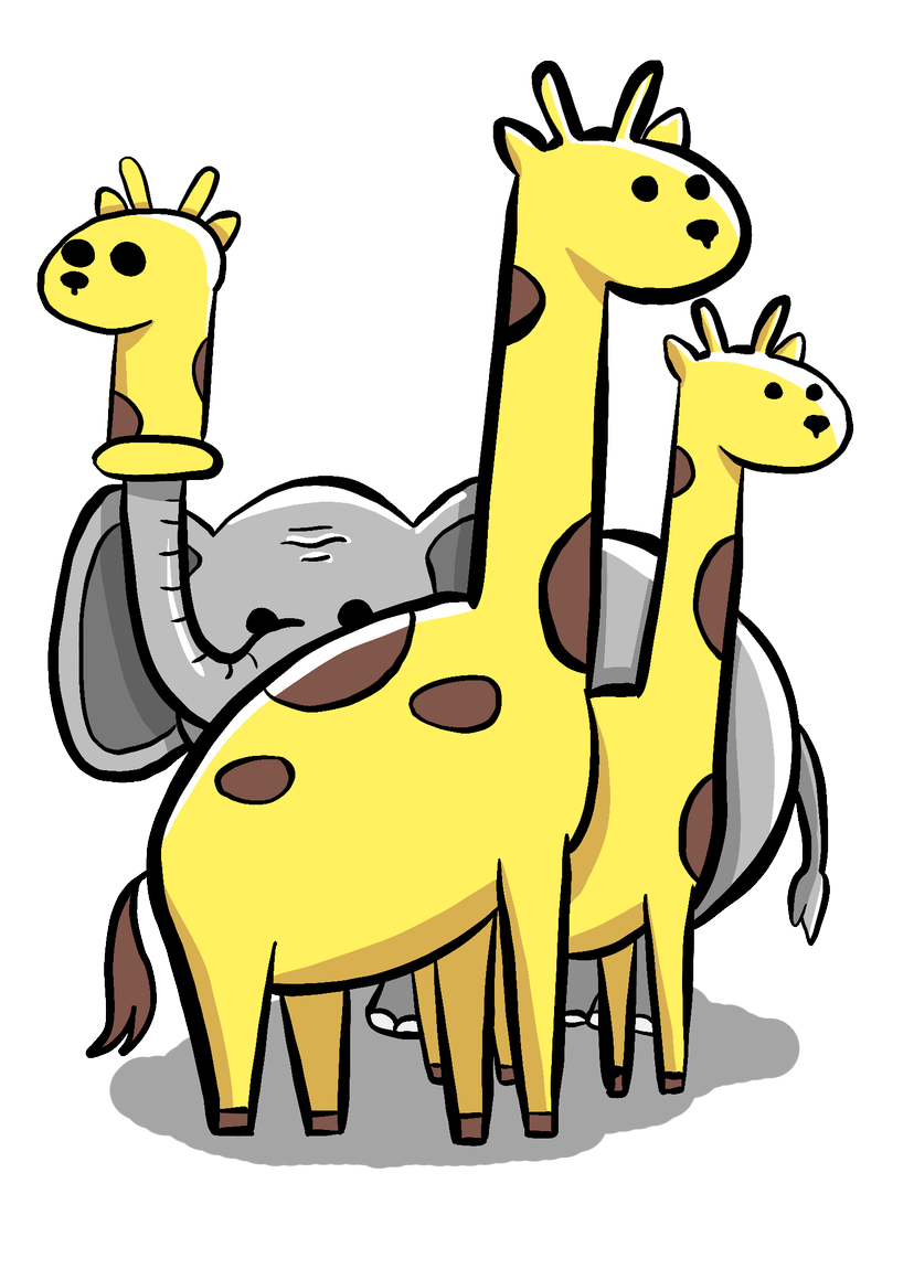An elephant with a giraffe sock puppet, behind two giraffes